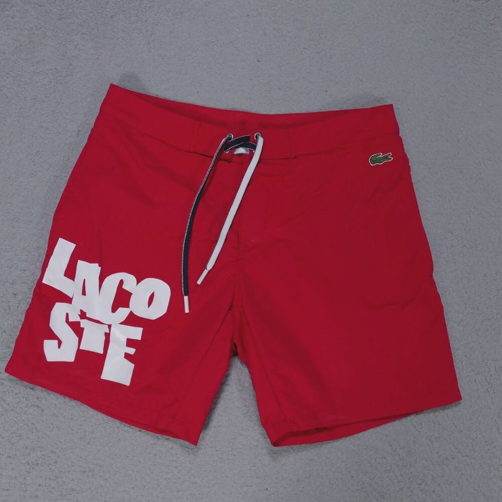 Lacoste Swim Trunks Mens Small Red Spell Out Board Shorts Inseam Surf Logo